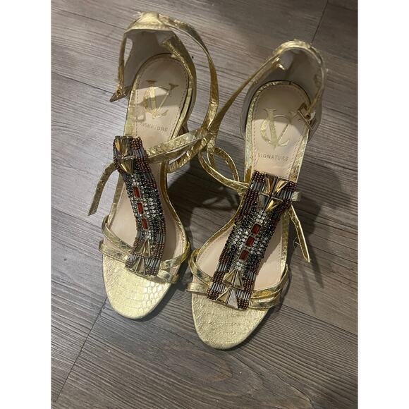 Vince Camuto Gold Heels with Bead work - Picture 1 of 3